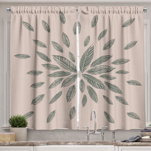 Ambesonne Bohemian Kitchen Curtains, Minimal Soft Feather Motif, 55"x30", Tan and Grey Teal