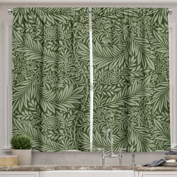 Ambesonne Bohemian Kitchen Curtains, Retro Silhouettes Floral, 55"x24", Reseda Green
