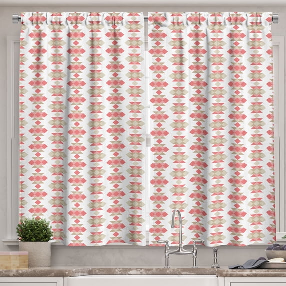 Ambesonne Bohemian Kitchen Curtains, Squares Triangles Ornament, 55"x45", Coral Pale Mustard White