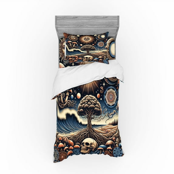 Ambesonne Bohemian Night Bedding Set 3 Pcs, Psychic Ethnic Waves, Twin, Blue Eggshell and Dark Salmon