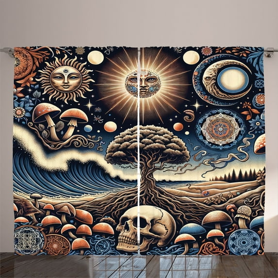 Ambesonne Bohemian Night Curtains 2 Panel Set, Psychic Ethnic Waves, 108" x 63", Blue Eggshell and Dark Salmon