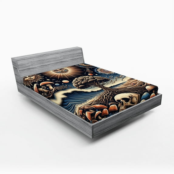 Ambesonne Bohemian Night Fitted Sheet, Psychic Ethnic Waves, Full Size, Blue Eggshell and Dark Salmon