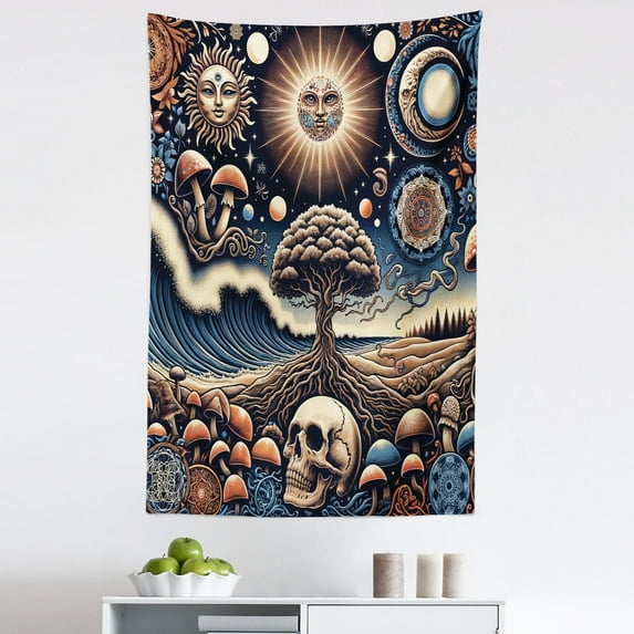 Ambesonne Bohemian Night Wall Hanging Tapestry, Psychic Ethnic Waves, 30"x45", Blue Eggshell and Dark Salmon