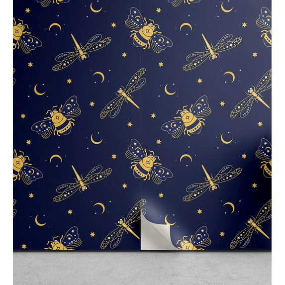 Ambesonne Bohemian Peel & Stick Wallpaper for Home, Bee Dragonfly Moon Star, 13"x72", Night Blue and Earth Yellow