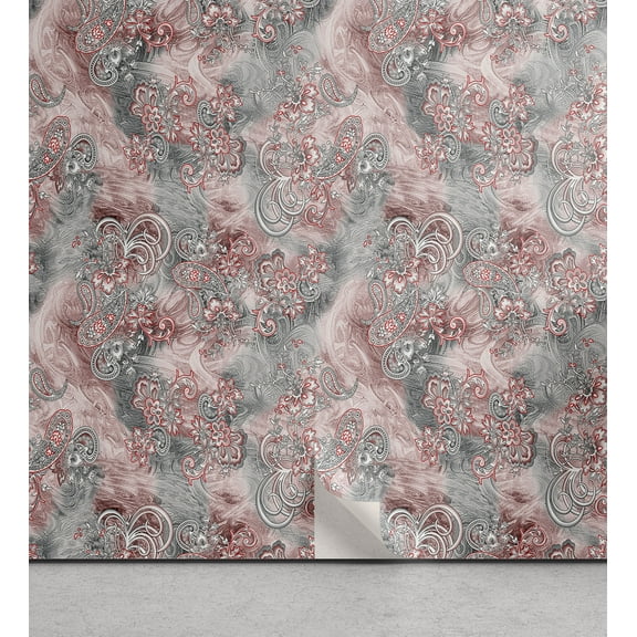 Ambesonne Bohemian Peel & Stick Wallpaper for Home, Paisley Vermilion Details, 13"x72", Dried Rose and Dimgray