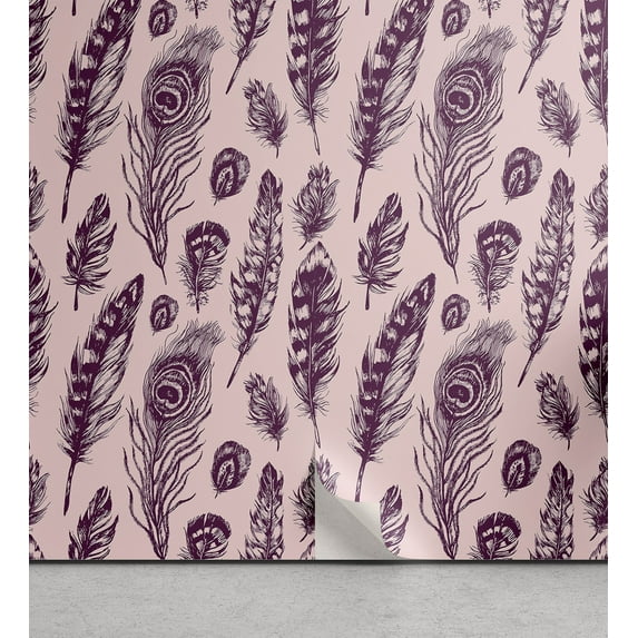 Ambesonne, Bohemian Peel & Stick Wallpaper for Home, Sketch Pattern Feathers, 13"x100", Plum and Blush