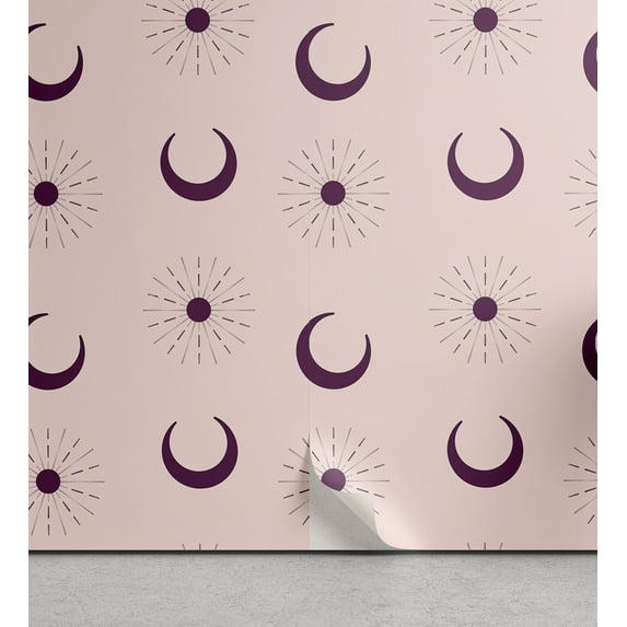 Ambesonne Bohemian Peel & Stick Wallpaper for Home, Sun Moon Astronomy Plot, 13"x72", Pale Eggplant and Rose