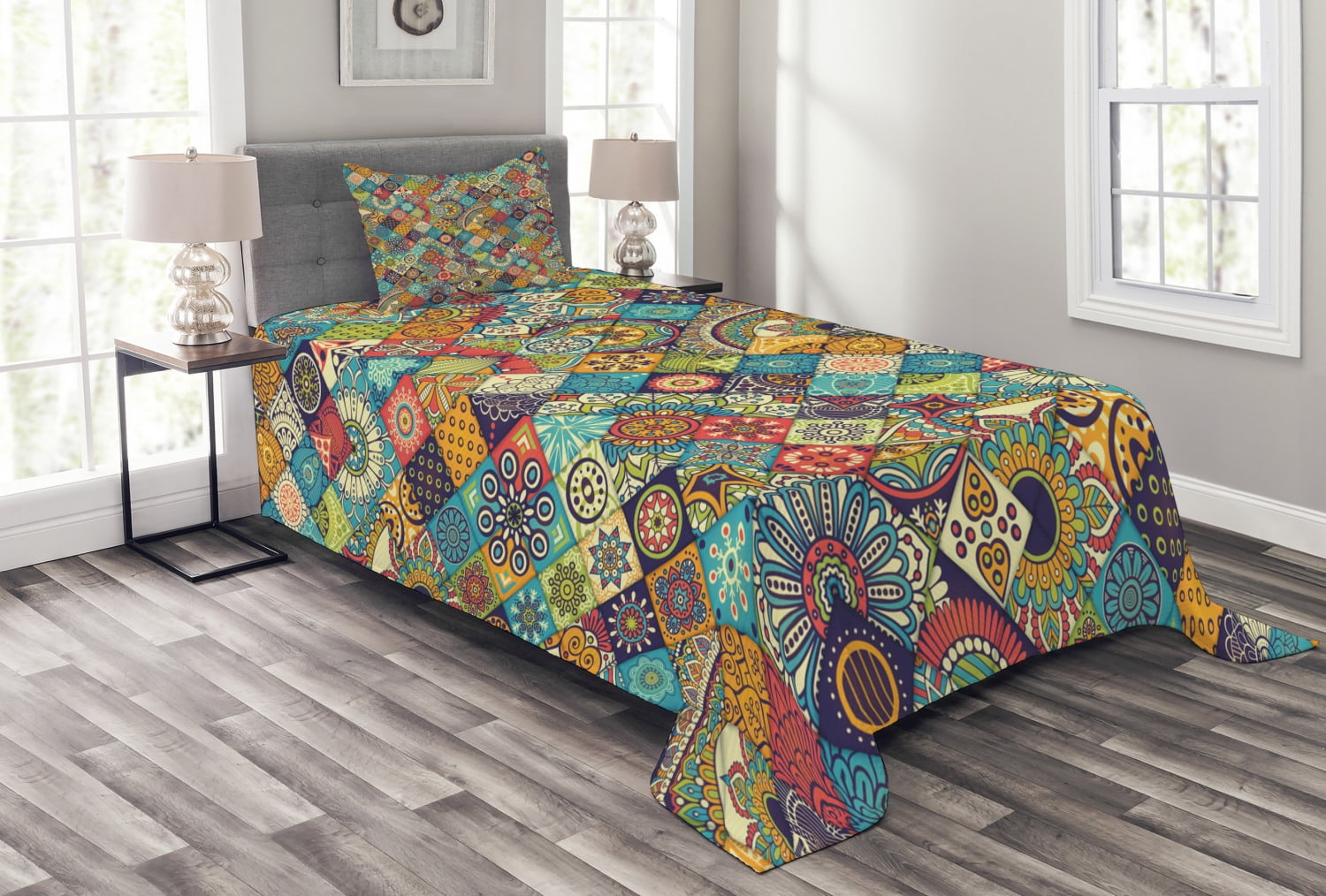 Multicolor Bohemian Twin Quilted Bedspread Set with Sham