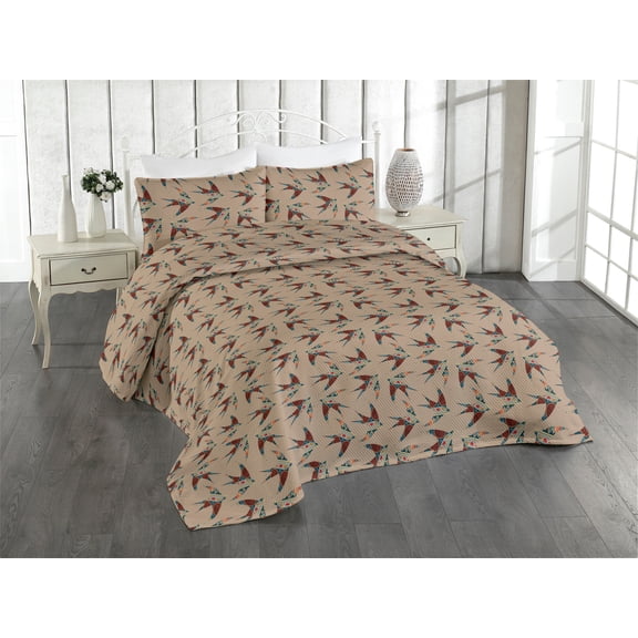 Ambesonne Bohemian Quilted Bedspread Set 3 Pcs, Boho Style Teal Folk Bird, Twin, Dark Sand Brown and Cinnamon
