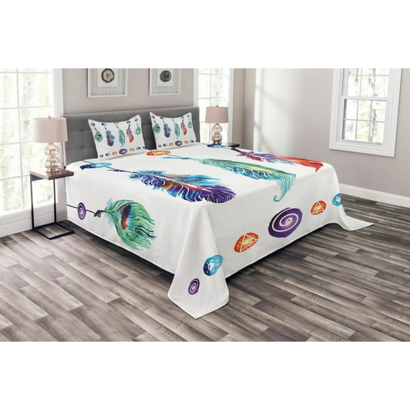 Ambesonne Bohemian Quilted Bedspread Set 3 Pcs, Feather Hippie, King Size, Multicolor