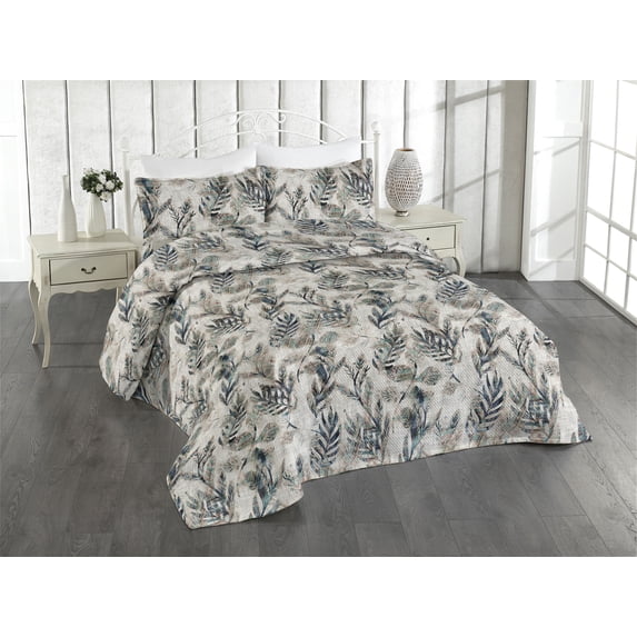 Ambesonne Bohemian Quilted Bedspread Set 3 Pcs, Feather Look Leaves Print, Twin, Warm Taupe Teal and Blue