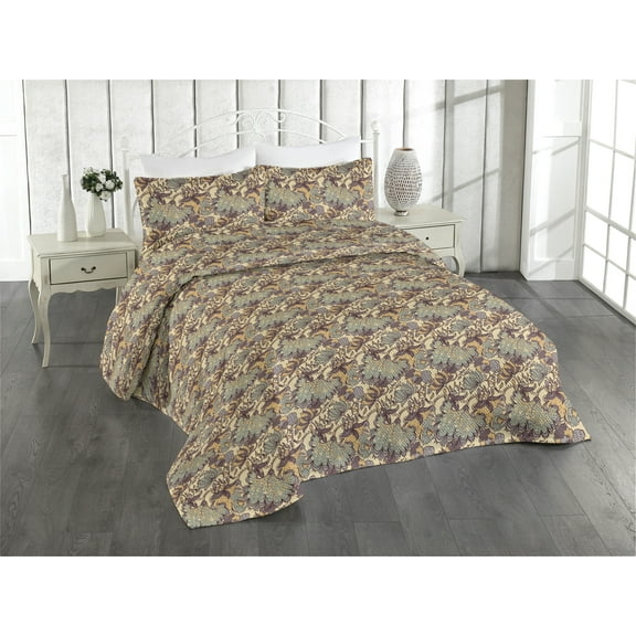 Ambesonne Bohemian Quilted Bedspread Set 3 Pcs, Vintage Art Simple Flowers, King, Pale Almond Green and Ecru