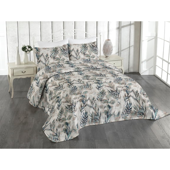 Ambesonne Bohemian Quilted Coverlet 2 Pcs, Feather Look Leaves Print, Twin Size, Warm Taupe Teal and Blue