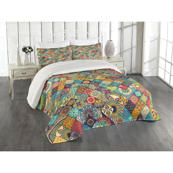Ambesonne Bohemian Quilted Coverlet 3 Pcs, Checkered Folk, King Size, Multicolor