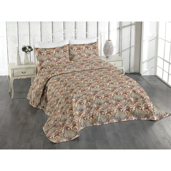 Ambesonne Bohemian Quilted Coverlet 3 Pcs, Vintage Art Simple Flowers, King Size, Pale Almond Green and Ecru