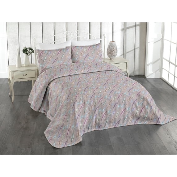 Ambesonne Bohemian Quilted Coverlet 3 Pcs, Waving Art Modern Leaves, King Size, Pale Lavender and Pale Tan