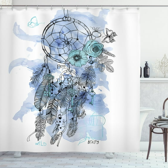 Ambesonne Bohemian Shower Curtain, Watercolor Dream Catcher, 69"Wx75"L, Pale Ceil Blue Aqua