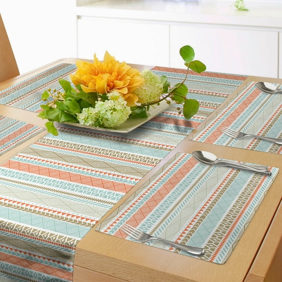 Ambesonne Bohemian Table Runner & Placemats, Patterns, Placemat 4 pcs + Runner 12"x72", Salmon Pale Blue Sepia