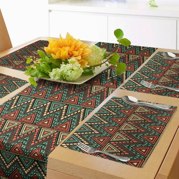 Ambesonne Bohemian Table Runner & Placemats, Triangles Zigzags, Placemat 4 pcs + Runner 12"x90", Burnt Sienna Pale Yellow