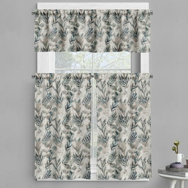 Ambesonne Bohemian Valance & Curtain, Feather Look Leaves Print, 55"x36", Warm Taupe Teal and Blue