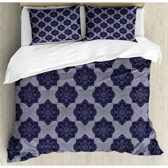 Ambesonne Bohemian Vintage Duvet Cover Sets, Floral Orient Art, 2-King, Indigo Quartz Ceil Blue