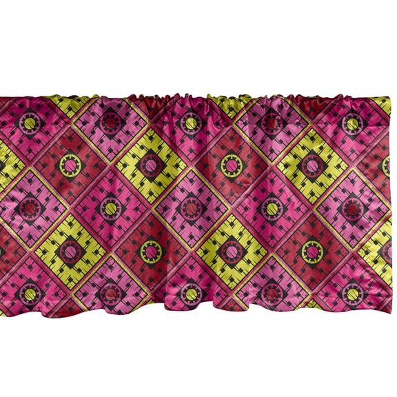 Ambesonne Bohemian Window Valance, Mexican Squares Circles, 42" x 12", Pale Fuchsia and Yellow