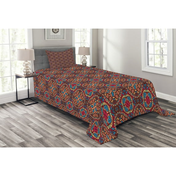 Ambesonne Bohemic Quilted Bedspread Set 2 Pcs, Vivid, Twin Size, Multicolor