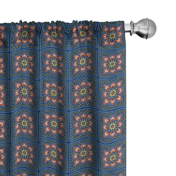 Ambesonne Boho Window Curtains, Talavera Squares and Flowers, Each 28" W x 84" L, Coral Dark Sky Blue
