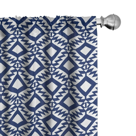Ambesonne Boho Window Curtains, Tribal Art Geometric Motifs, Each 28" W x 95" L, Dark Blue and White