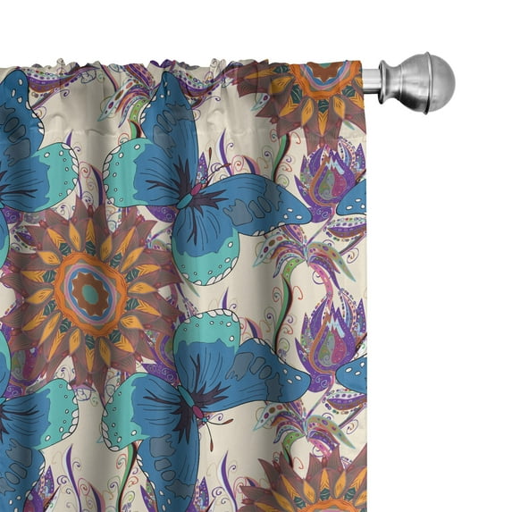 Ambesonne Boho Art Curtains, Mandala Butterfly Abstract, Pair of 28"x84", Eggshell and Multicolor