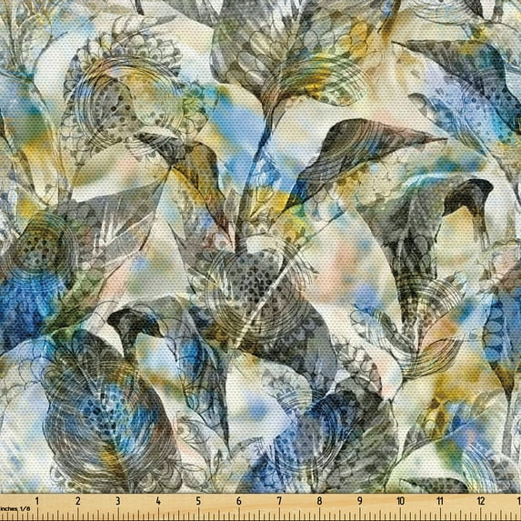 Ambesonne Boho Art Fabric by the Yard Upholstery, Ethnic Art Mandala Circles, 1 Yard, Grey Blue and Eggshell