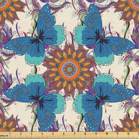 Ambesonne Boho Art Fabric by the Yard Upholstery, Mandala Butterfly Abstract, 5 Yards, Eggshell and Multicolor
