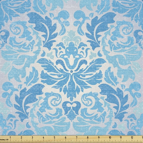 Ambesonne Boho Art Fabric by the Yard Upholstery, Oceanic Vintage Damask, 2 Yards, Deep Sky Blue Pale Grey