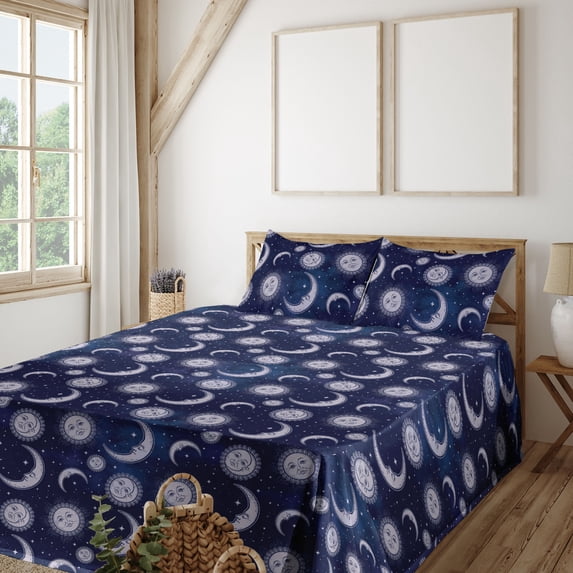Ambesonne Boho Art Fitted & Flat Sheet with Shams 4 Pcs Set, Astrology Sun and Moon Art, Full, Pale Ceil Blue and Indigo
