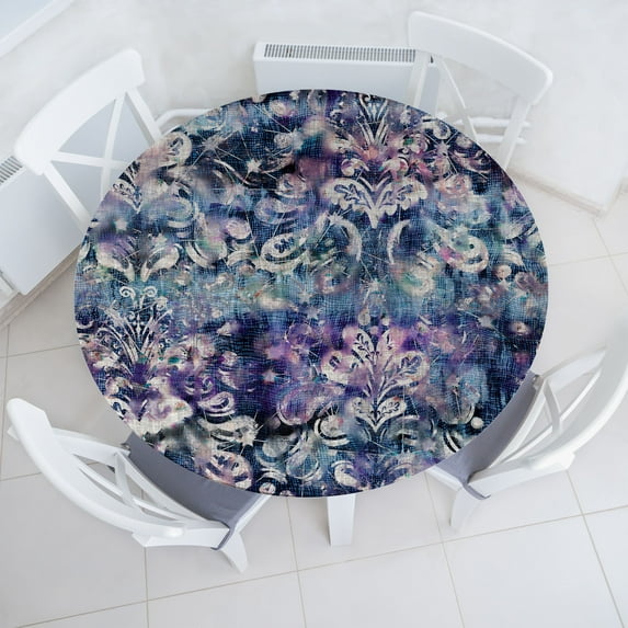 Ambesonne Boho Art Fitted Round Tablecloth, Jumble Boho Bloom Grunge, 36"- 40" Diameter, Purple Dark Blue and Ivory