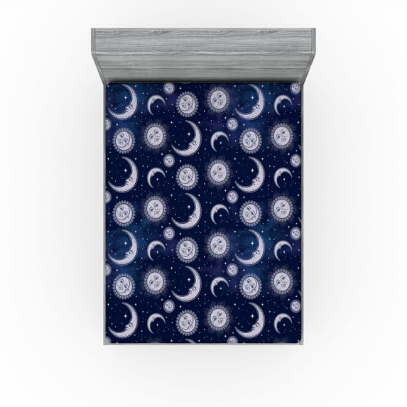 Ambesonne Boho Art Fitted Sheet, Astrology Sun and Moon Art, Full Size, Pale Ceil Blue and Indigo