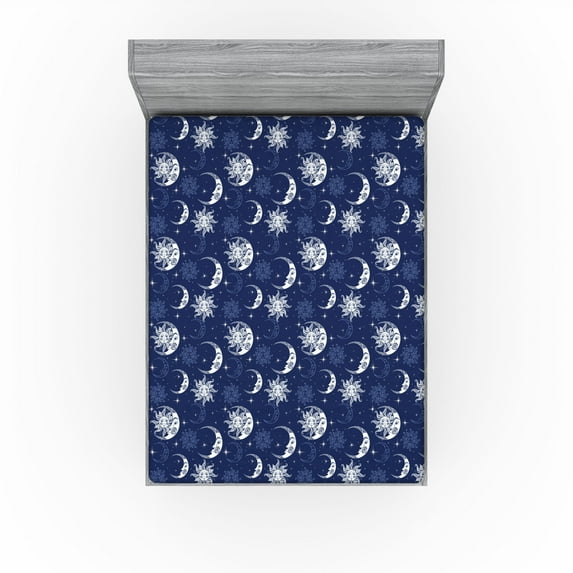 Ambesonne Boho Art Fitted Sheet, Crescent Art Moon Sun Boho, California King, Night Blue White