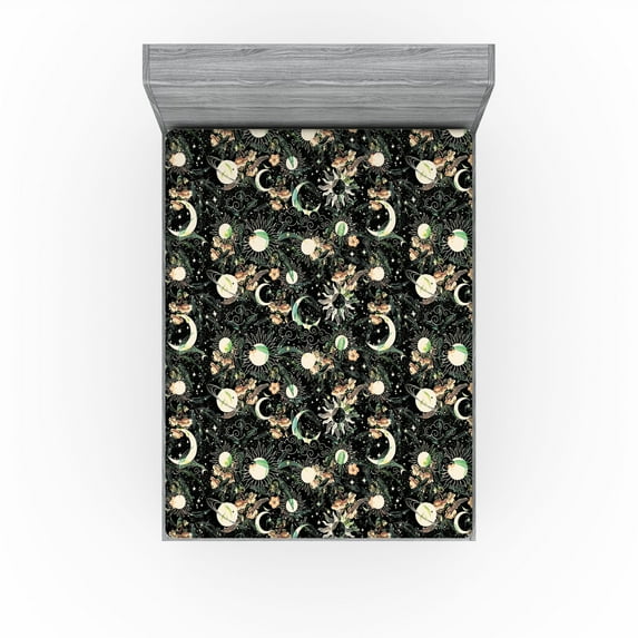 Ambesonne Boho Art Fitted Sheet, Space Sun and Moon Motif, Full Size, Green Peach and Black