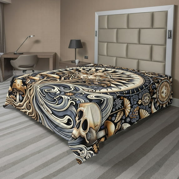 Ambesonne Boho Art Flat Sheet, Sun Skull Moon and Waves, Full Size, Blue Violet and Pale Brown