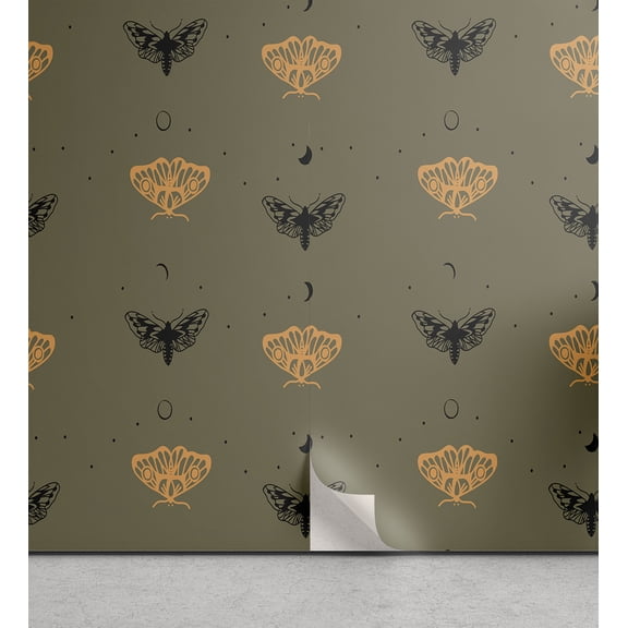 Ambesonne Boho Art Peel & Stick Wallpaper for Home, Moths Moons Dots Pattern, 13"x36", Pale Orange Dark Grey