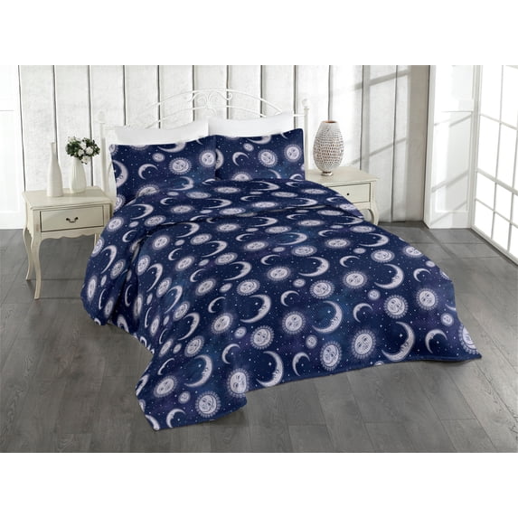 Ambesonne Boho Art Quilted Bedspread Set 3 Pcs, Astrology Sun and Moon Art, Queen, Pale Ceil Blue and Indigo
