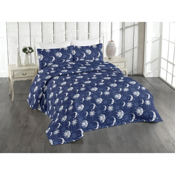 Ambesonne Boho Art Quilted Bedspread Set 3 Pcs, Crescent Art Moon Sun Boho, King, Night Blue White