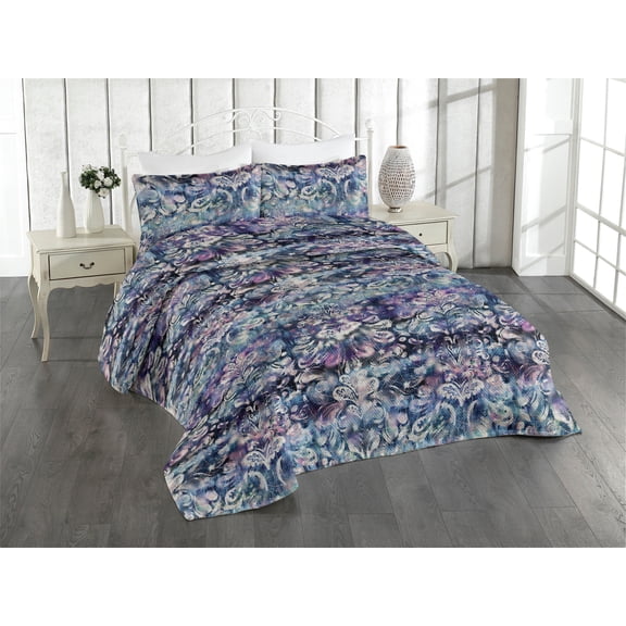 Ambesonne Boho Art Quilted Bedspread Set 3 Pcs, Jumble Boho Bloom Grunge, King, Purple Dark Blue and Ivory