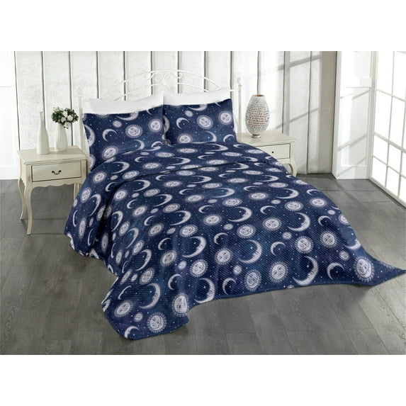Ambesonne Boho Art Quilted Coverlet 3 Pcs, Astrology Sun and Moon Art, King Size, Pale Ceil Blue and Indigo