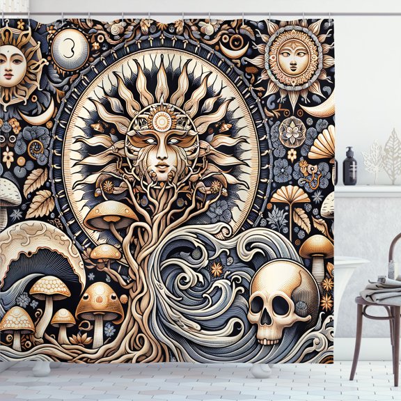 Ambesonne Boho Art Shower Curtain, Occult Sun Skull Moon Wave, 69"Wx75"L, Blue Violet Pale Brown