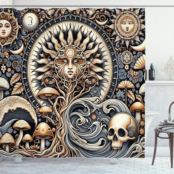 Ambesonne Boho Art Shower Curtain, Occult Sun Skull Moon Wave, 69"Wx84"L, Blue Violet Pale Brown