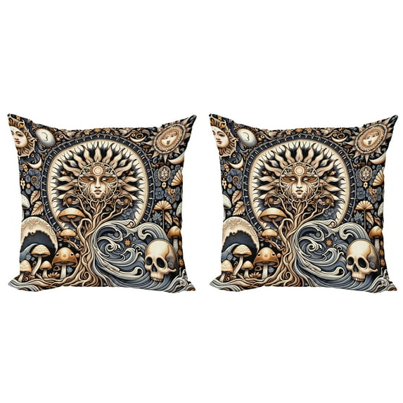 Ambesonne Boho Art Throw Pillow Cover 2 Pack, Occult Sun Skull Moon Wave, 24", Blue Violet Pale Brown