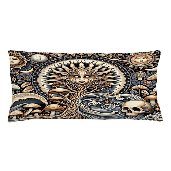 Ambesonne Boho Art Throw Pillow Cushion Cover, Occult Sun Skull Moon Wave, 36" X 16", Blue Violet Pale Brown