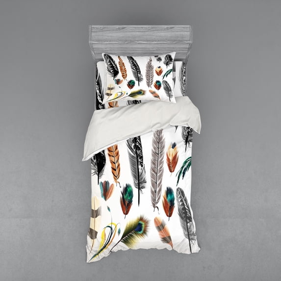 Ambesonne Boho Bedding Set 3 Pcs, Bird Feather Retro Vibrant, Twin XL, Multicolor