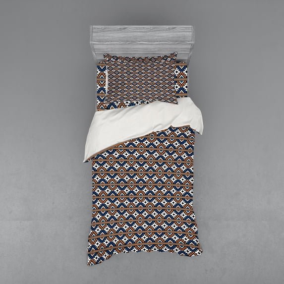 Ambesonne Boho Bedding Set 3 Pcs, Geometrical Pattern, Twin, Orange Blue and White
